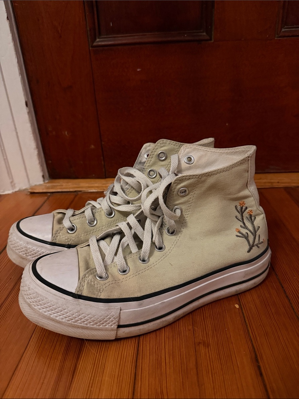 Custom Converse High-Top Sneakers in Light Green with Orange Floral Embroidery